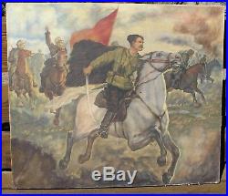 Original Vintage Russian Oil Painting Chapaev In Battle Soviet Propaganda Art