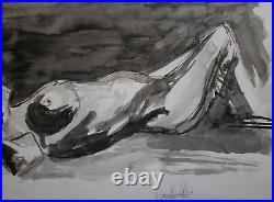 Original Vintage Watercolor Painting Expressionist Nude Portrait Signed