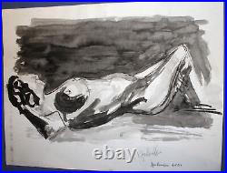 Original Vintage Watercolor Painting Expressionist Nude Portrait Signed