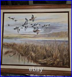 Original Vtg 1982 Art On Canvas Board Framed Pintail Ducks Signed Eileen Frieden