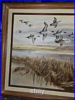 Original Vtg 1982 Art On Canvas Board Framed Pintail Ducks Signed Eileen Frieden