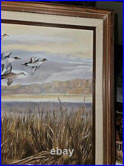 Original Vtg 1982 Art On Canvas Board Framed Pintail Ducks Signed Eileen Frieden