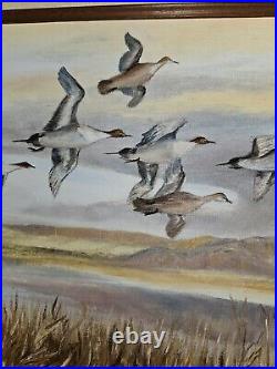 Original Vtg 1982 Art On Canvas Board Framed Pintail Ducks Signed Eileen Frieden
