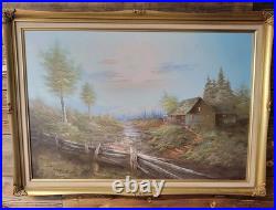 Original Vtg Oil On Canvas Painting Mountain Cabin Landscape Signed J. Hallen