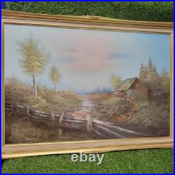 Original Vtg Oil On Canvas Painting Mountain Cabin Landscape Signed J. Hallen