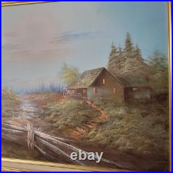 Original Vtg Oil On Canvas Painting Mountain Cabin Landscape Signed J. Hallen