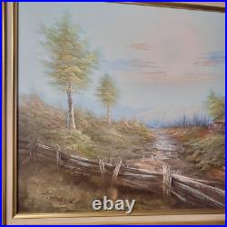 Original Vtg Oil On Canvas Painting Mountain Cabin Landscape Signed J. Hallen