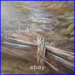 Original Vtg Oil On Canvas Painting Mountain Cabin Landscape Signed J. Hallen