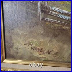 Original Vtg Oil On Canvas Painting Mountain Cabin Landscape Signed J. Hallen