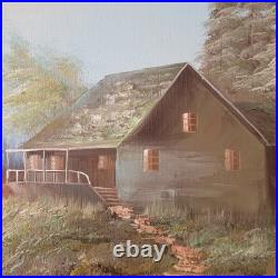 Original Vtg Oil On Canvas Painting Mountain Cabin Landscape Signed J. Hallen