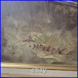 Original Vtg Oil On Canvas Painting Mountain Cabin Landscape Signed J. Hallen