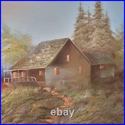 Original Vtg Oil On Canvas Painting Mountain Cabin Landscape Signed J. Hallen
