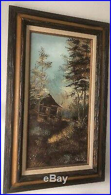 Original Vtg Oil Painting House Cabin Home Landscape Wood Signed 79' Framed Wood