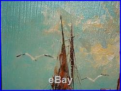 P. Stirrat Vtg Original Framed Seascape Sailboats Oil Painting On Canvas Signed