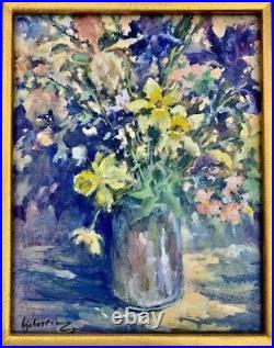 Painting Colorful Summer Flower Oil On Canvas Signed & Framed Vintage Art Decor