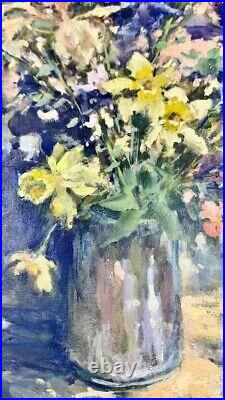 Painting Colorful Summer Flower Oil On Canvas Signed & Framed Vintage Art Decor