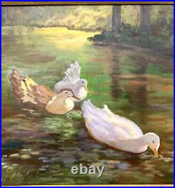 Painting Ducks in Pond Oil On Canvas Signed P. Warren Vintage Art