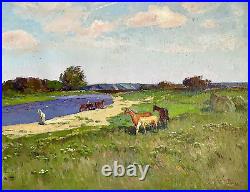 Painting Horse impressionism vintage Spring landscape original collect decor