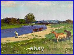 Painting Horse impressionism vintage Spring landscape original collect decor