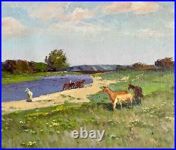 Painting Horse impressionism vintage Spring landscape original collect decor