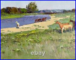 Painting Horse impressionism vintage Spring landscape original collect decor