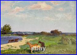 Painting Horse impressionism vintage Spring landscape original collect decor