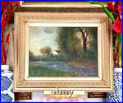 Painting House By River Landscape Scenery Fine Oil Vintage Art Decor
