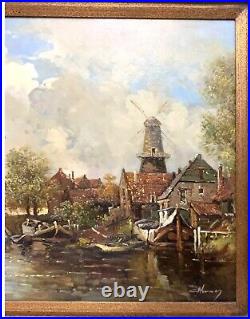 Painting River Cross Town Oil on Canvas Large Landscape Vintage Signed Art