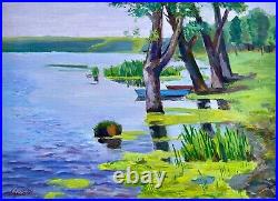 Painting art IMPRESSIONISM old vintage soviet fisherman landscape Yusov fishing