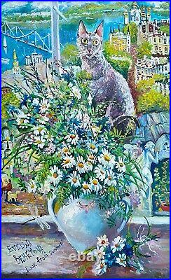 Painting art cat flowers vintage landscape original wall decor home gift Kyiv