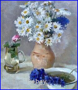 Painting art vintage still life flowers wall decor home chamomile cornflowers