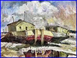Painting vintage decor seascape impressionism river rare marina sea beach art