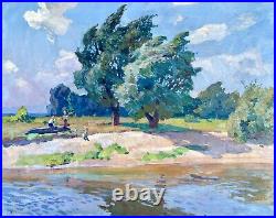 Painting vintage home decor wall riverscape impressionism river rare art Ukraine