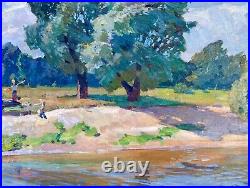 Painting vintage home decor wall riverscape impressionism river rare art Ukraine