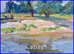 Painting vintage home decor wall riverscape impressionism river rare art Ukraine