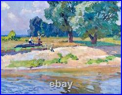 Painting vintage home decor wall riverscape impressionism river rare art Ukraine