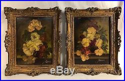 Pair Vintage Floral Flowers Oil Paintings Original Gold Frames Signed
