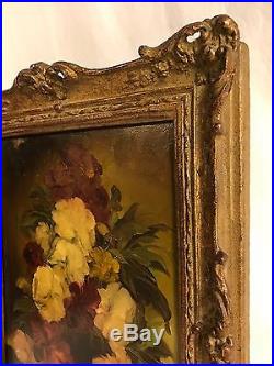 Pair Vintage Floral Flowers Oil Paintings Original Gold Frames Signed