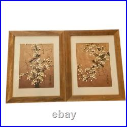 Pair of Vintage Japanese Silk Paintings Birds & Cherry Blossoms Signed Framed