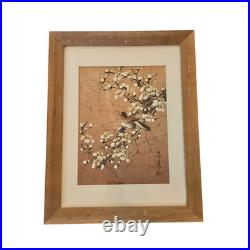 Pair of Vintage Japanese Silk Paintings Birds & Cherry Blossoms Signed Framed