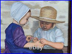 Pat De Augustine Signed Vintage Oil Painting 2 Dutch Children Sharing Original