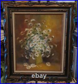 Pretty Vintage Original Still Life Floral Art Painting Signed Wood Wooden Frame