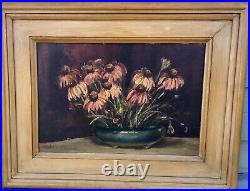 Purple Coneflowers Vintage Oil Painting, Signed MTJ Framed Original 28x22