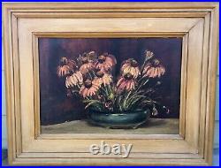 Purple Coneflowers Vintage Oil Painting, Signed MTJ Framed Original 28x22