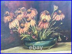 Purple Coneflowers Vintage Oil Painting, Signed MTJ Framed Original 28x22