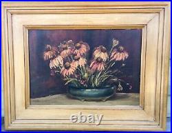 Purple Coneflowers Vintage Oil Painting, Signed MTJ Framed Original 28x22
