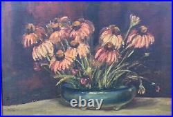 Purple Coneflowers Vintage Oil Painting, Signed MTJ Framed Original 28x22