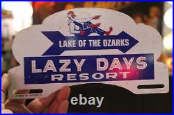 RARE 1950s LAZY DAYS RESORT LAKE OF THE OZARKS PAINTED METAL TOPPER SIGN FISHING