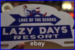 RARE 1950s LAZY DAYS RESORT LAKE OF THE OZARKS PAINTED METAL TOPPER SIGN FISHING