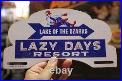 RARE 1950s LAZY DAYS RESORT LAKE OF THE OZARKS PAINTED METAL TOPPER SIGN FISHING